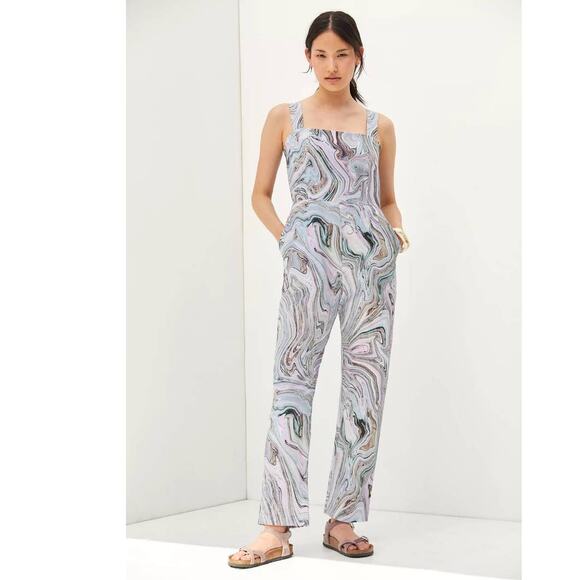 New Anthropologie HUTCH Marbleized Overalls $160 SMALL Gray Purple Jumpsuit - Picture 1 of 3